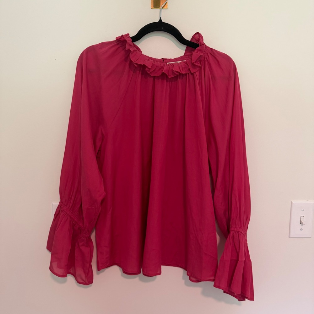 Mille Resort & Travel Pink Ruffle Neck Bell Sleeve Blouse Top Womens Large L